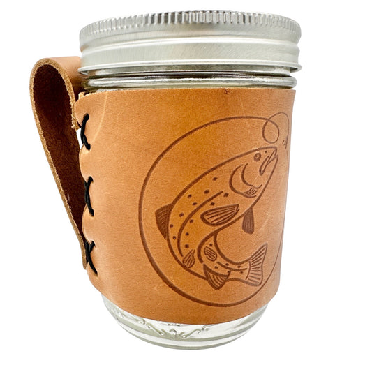 Ball Jar 12 Oz Glass with Leather Holder Embossed with Trout Design Fisherman