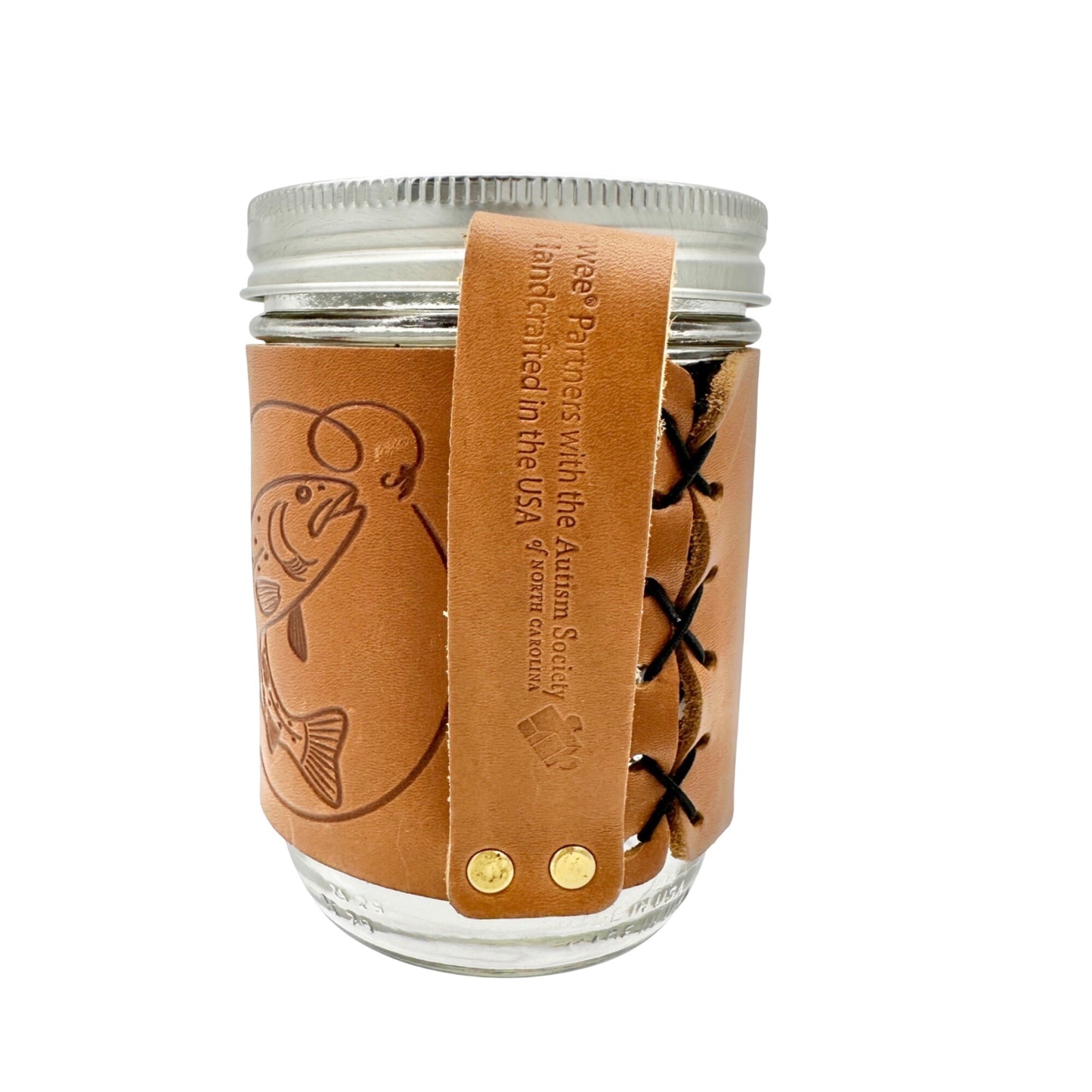Ball Jar 12 Oz Glass with Leather Holder Embossed with Trout Design Fisherman