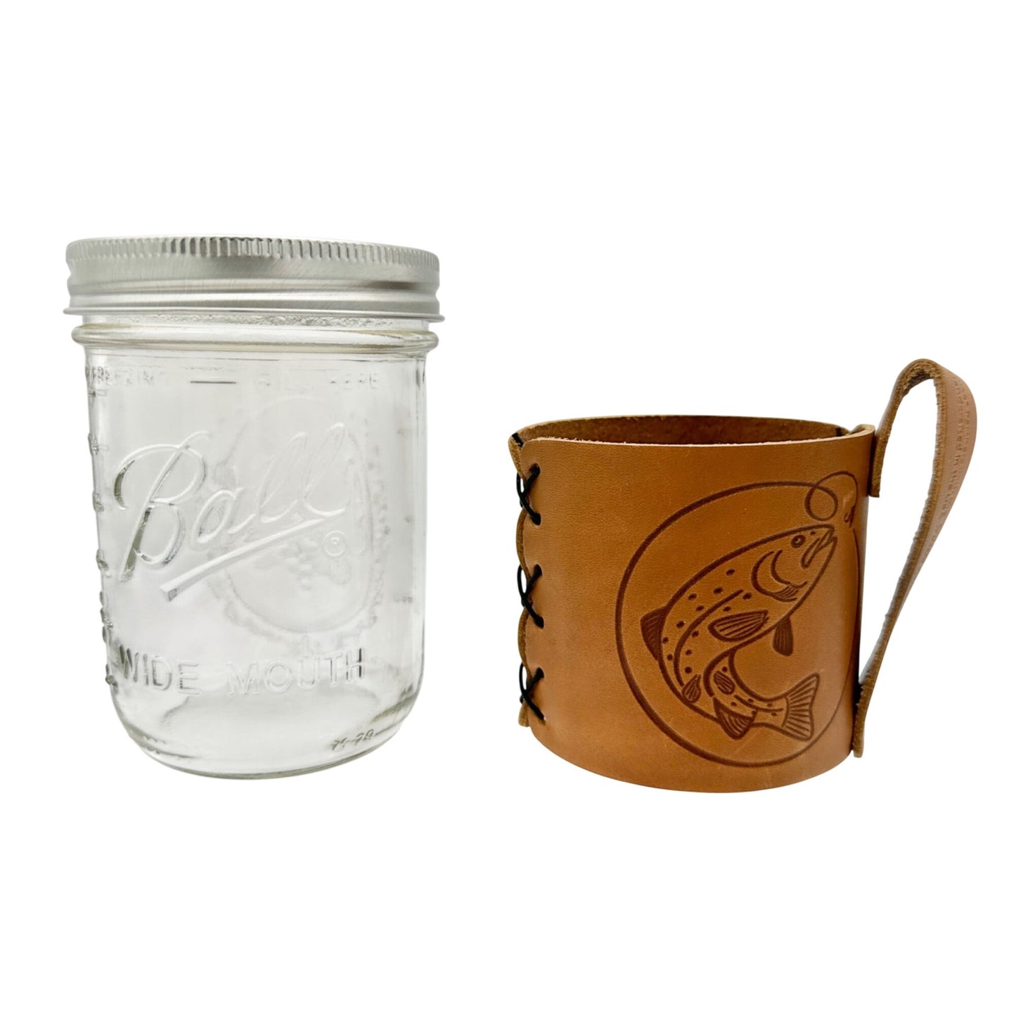 Ball Jar 12 Oz Glass with Leather Holder Embossed with Trout Design Fisherman