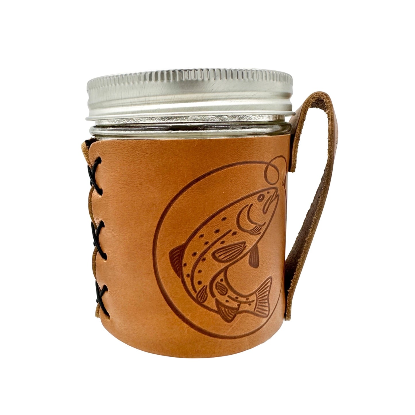 Ball Jar 12 Oz Glass with Leather Holder Embossed with Trout Design Fisherman