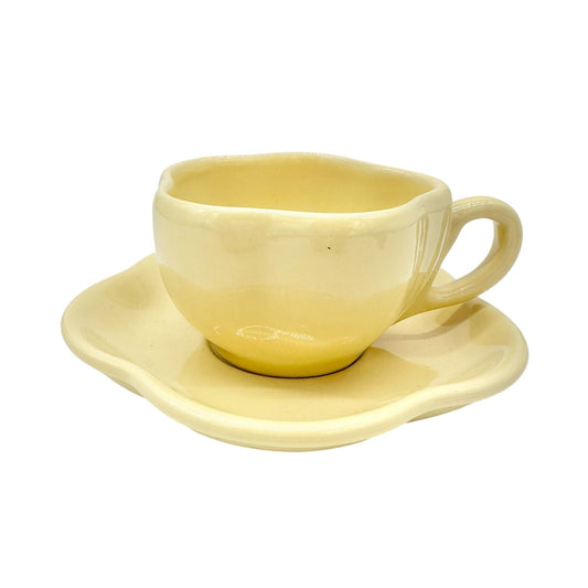 Workshop of Gerald E Henn Pottery Teacup and Saucer Set Flower Shape Yellow