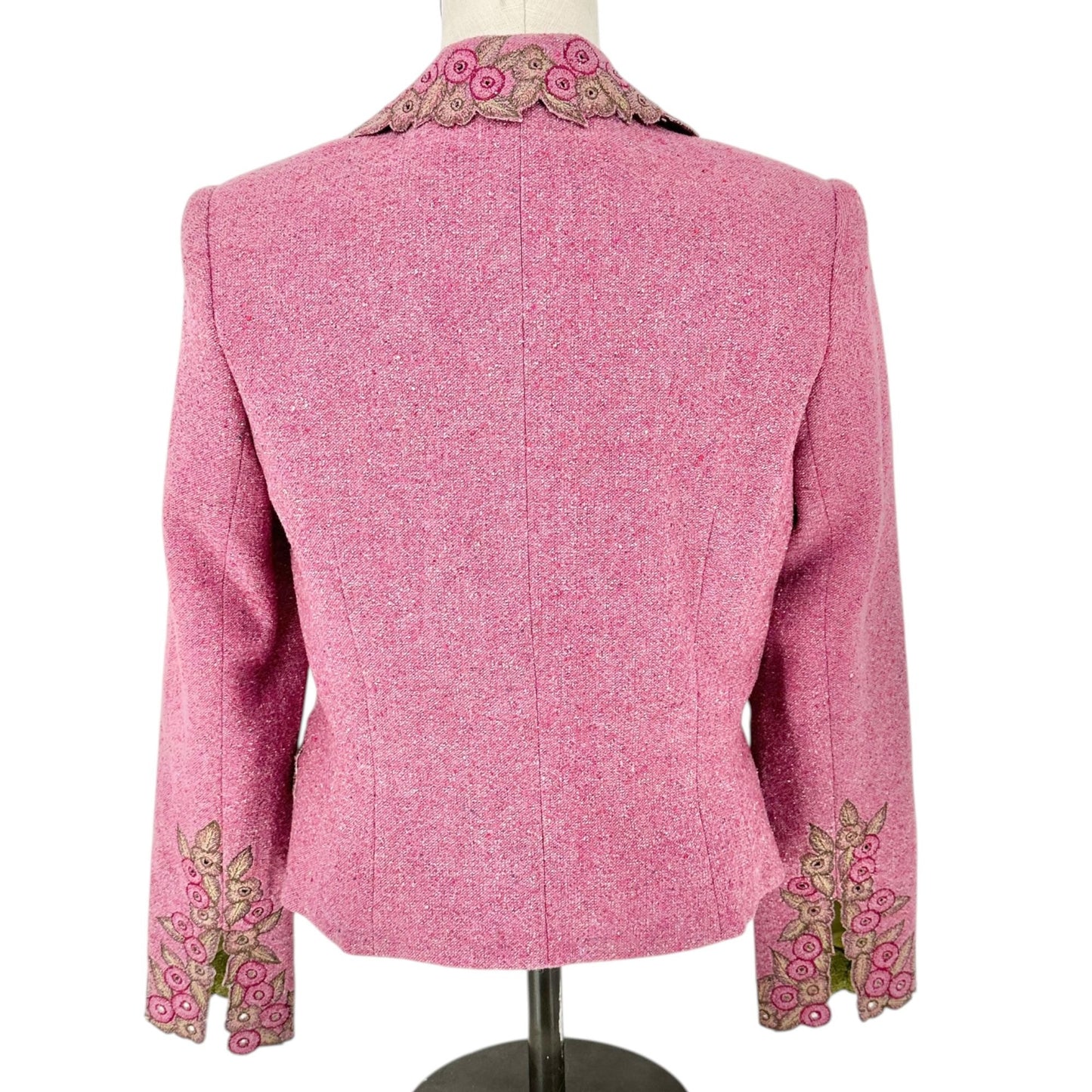 Carmen Marc Valvo Blazer Jacket Womens Sz 10 Pink Wool Blend Embroidered Floral