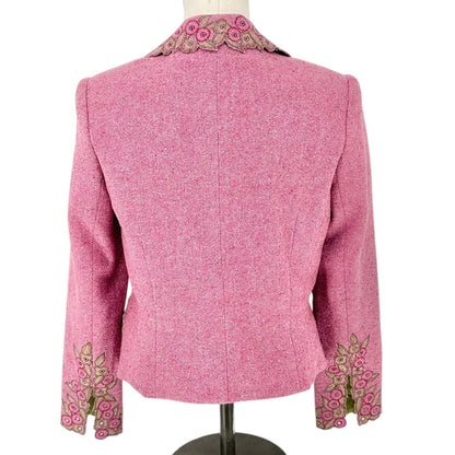 Carmen Marc Valvo Blazer Jacket Womens Sz 10 Pink Wool Blend Embroidered Floral