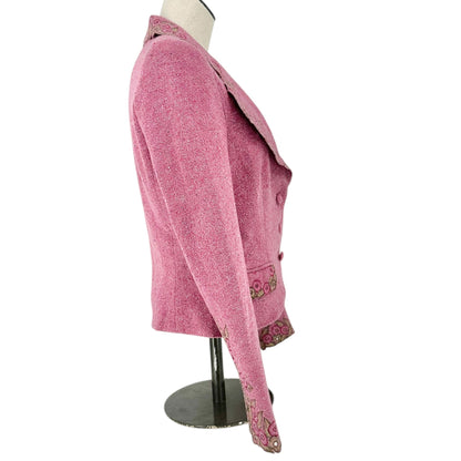 Carmen Marc Valvo Blazer Jacket Womens Sz 10 Pink Wool Blend Embroidered Floral