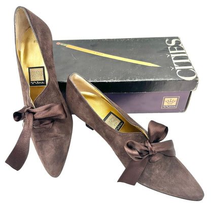 Vtg Nina Unila Brown Suede Kitten Heel Pumps Shoes 8.5N Ribbon Tie Made In Spain