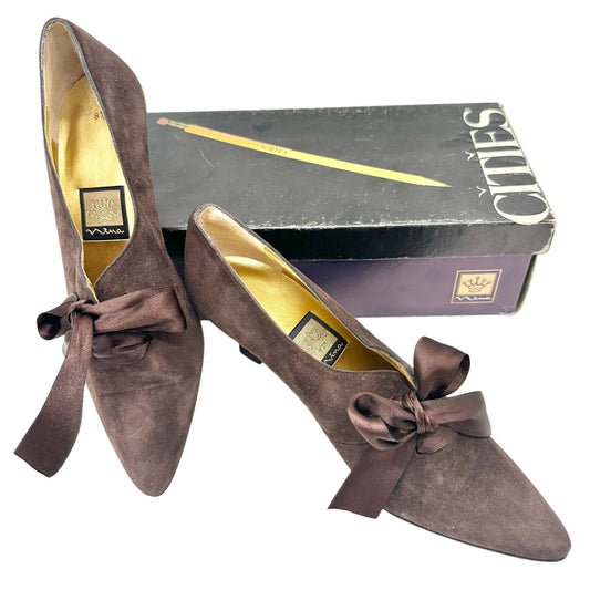 Vtg Nina Unila Brown Suede Kitten Heel Pumps Shoes 8.5N Ribbon Tie Made In Spain