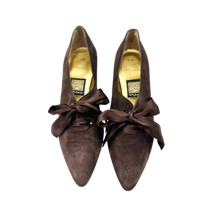 Vtg Nina Unila Brown Suede Kitten Heel Pumps Shoes 8.5N Ribbon Tie Made In Spain