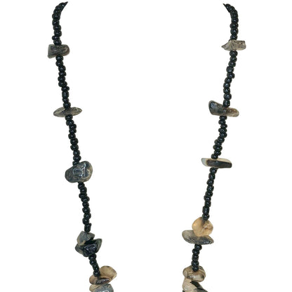 Handcrafted Beaded Necklace Brick Red & Gray Glass Stones Black Beads NEW