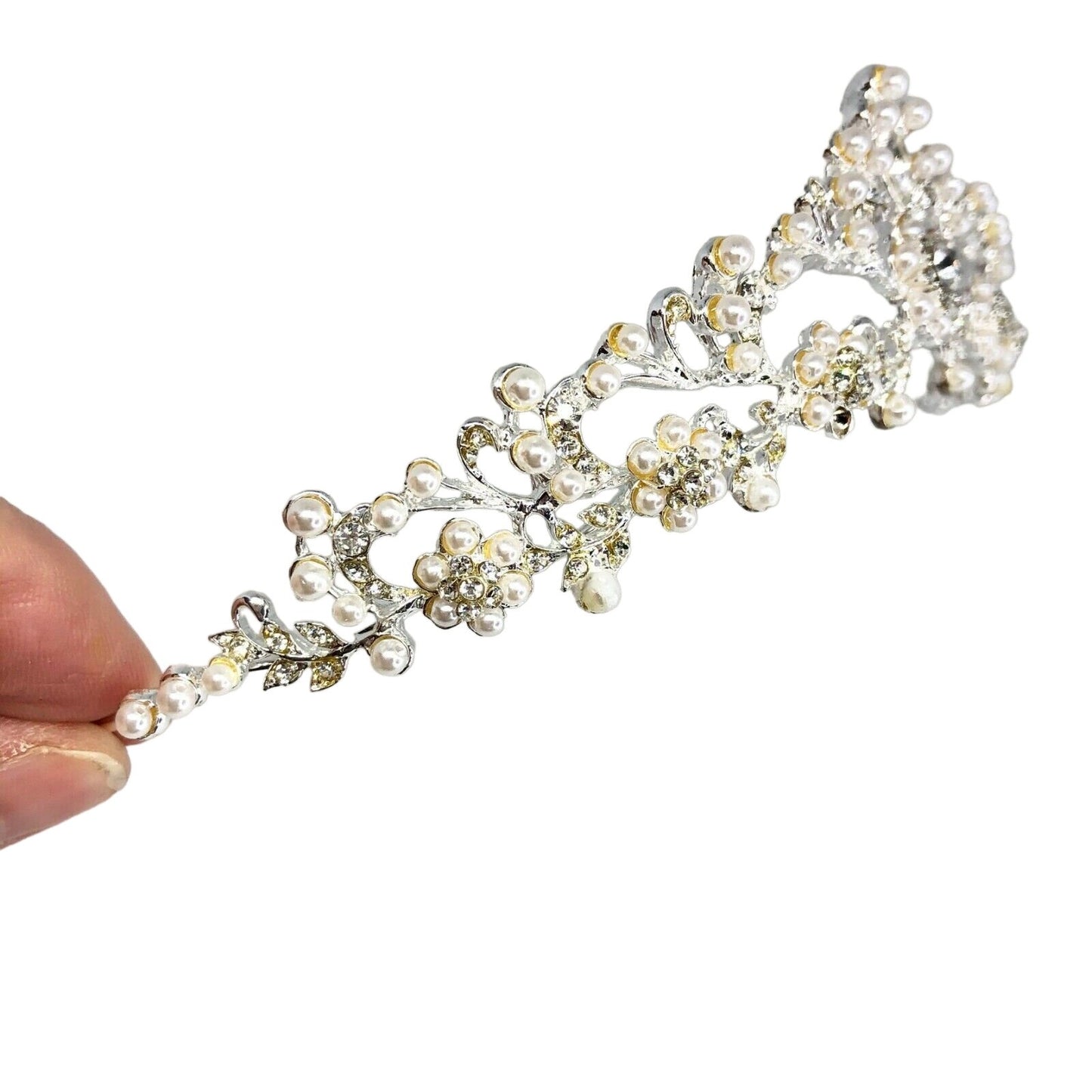 Elegant Wedding Tiara Silver Swarovski Crystals Pearls Bride David's Bridal
