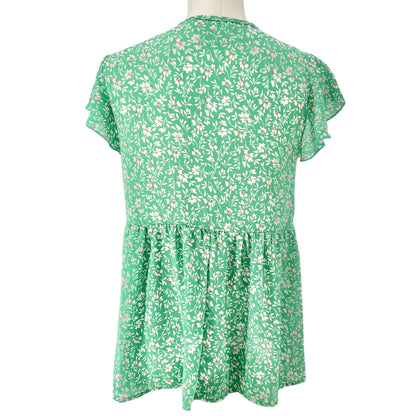 Haptics Blouse Womens S Green Floral Print Flutter Sleeves Buttons Ribbon Tie