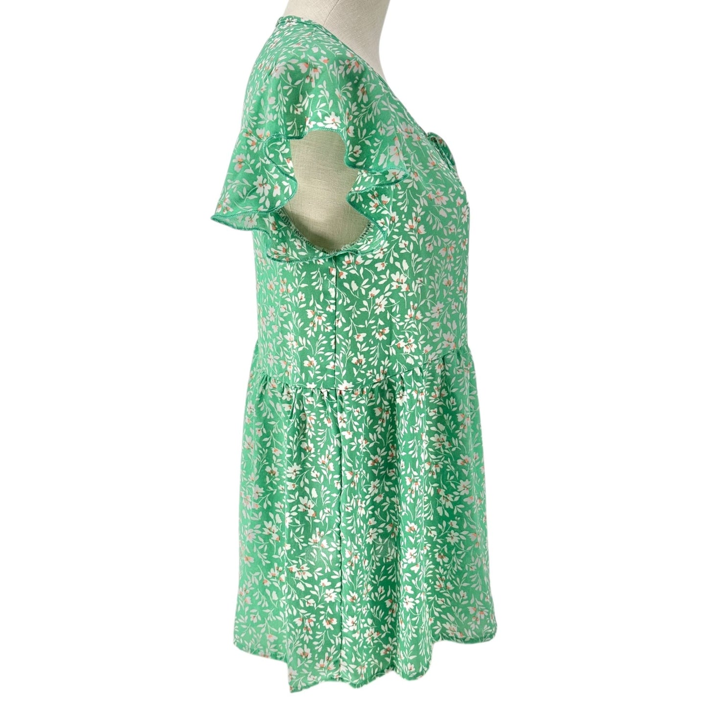 Haptics Blouse Womens S Green Floral Print Flutter Sleeves Buttons Ribbon Tie