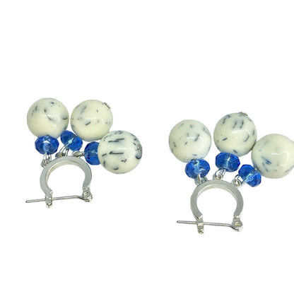 Handcrafted Beaded Earrings White & Blue Glass Beads Silver Hoop Jewelry NEW