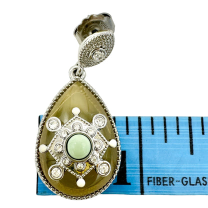 Lia Sophia Art Deco Dangle Earrings Silvertone Clear Gems Yellow Stone Green Bead