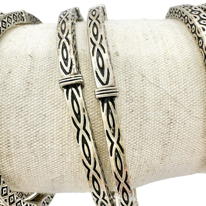 Set of 6 Bracelets Stretch Bangles Silver Celtic Look 2 ea of 3 Patterns NWOT
