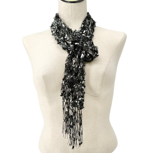 Loosely Knit Scarf Black Gray With Fringe Ends Textured Lightweight 67" x 3.5"