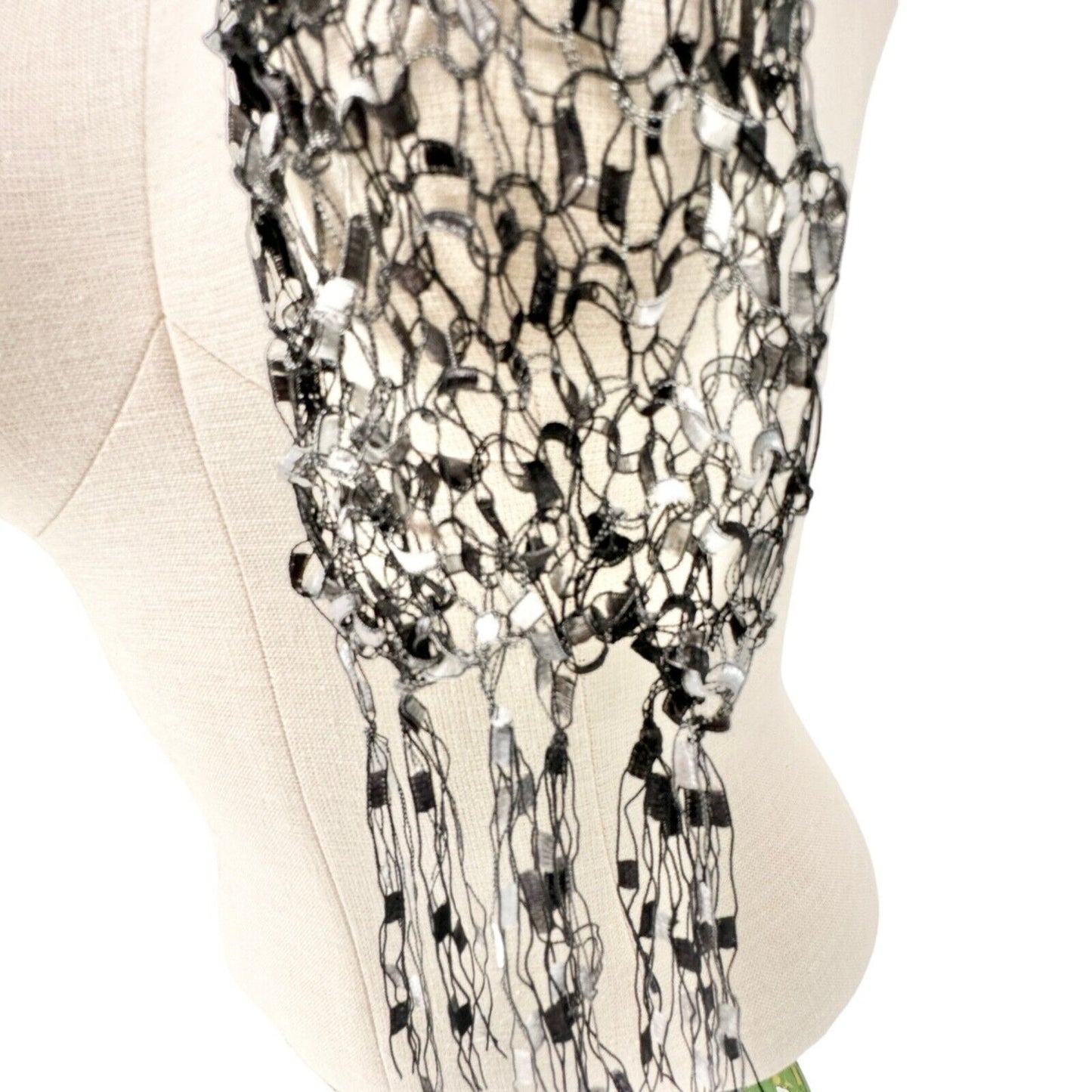 Loosely Knit Scarf Black Gray With Fringe Ends Textured Lightweight 67" x 3.5"