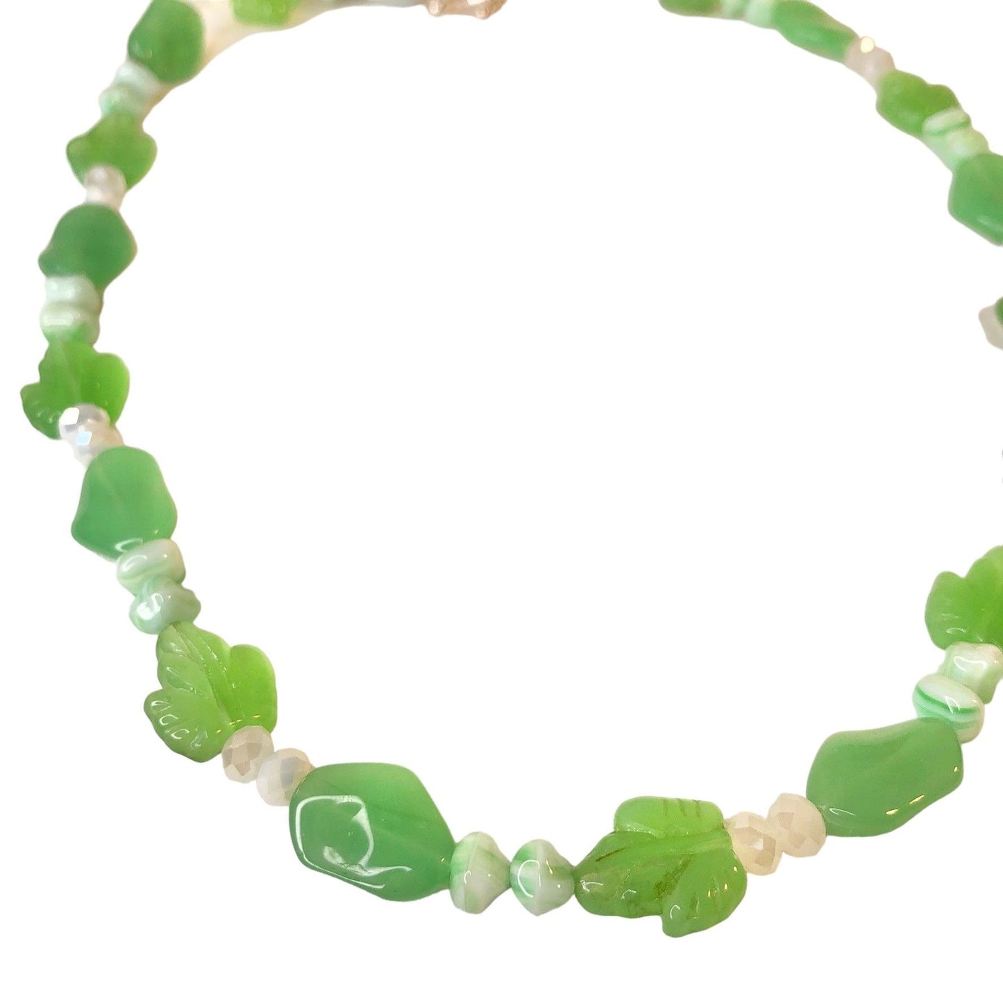 Handcrafted Beaded Necklace Green Beads with Leaves Spring White Jewelry NEW