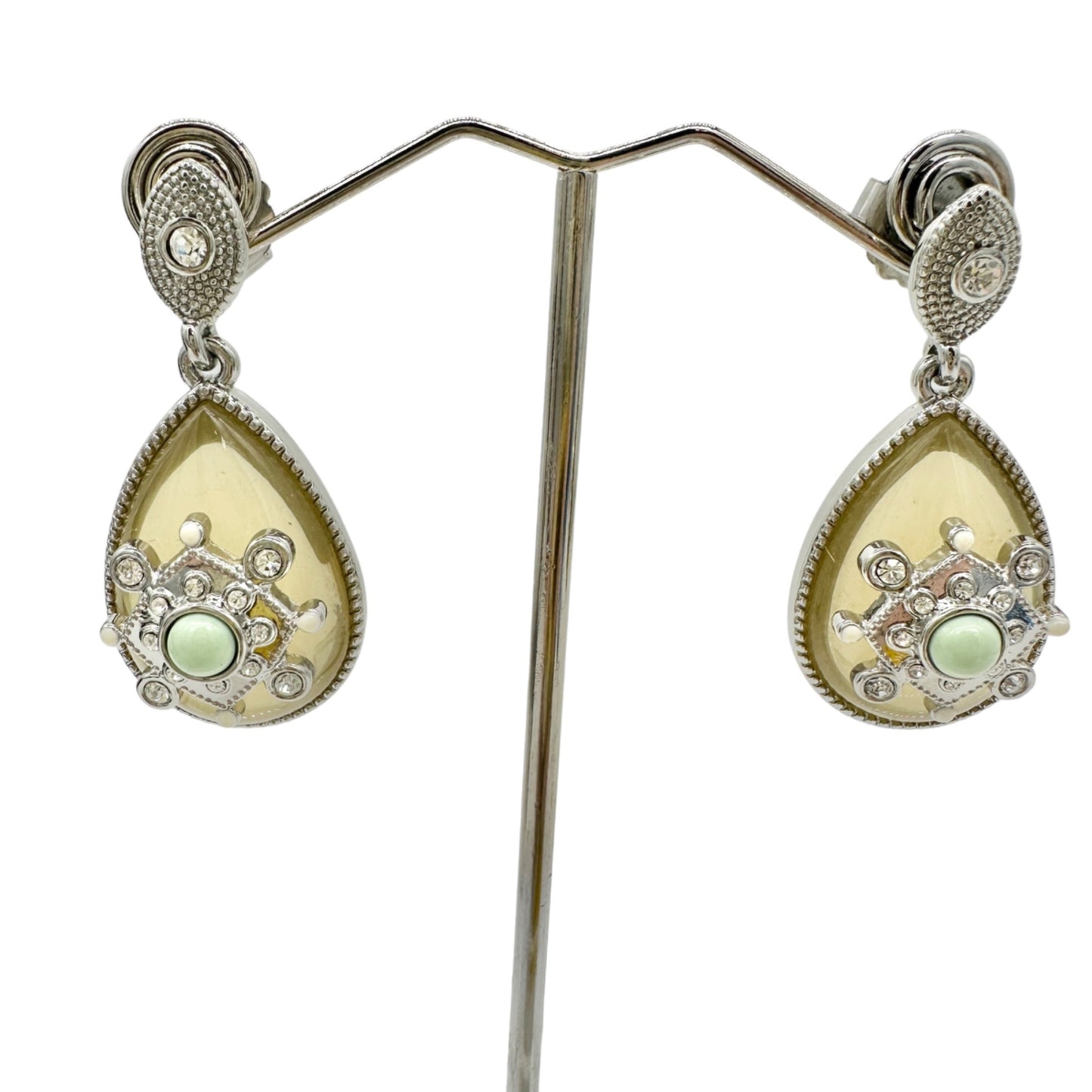 Lia Sophia Art Deco Dangle Earrings Silvertone Clear Gems Yellow Stone Green Bead
