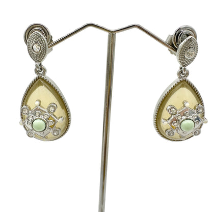 Lia Sophia Art Deco Dangle Earrings Silvertone Clear Gems Yellow Stone Green Bead
