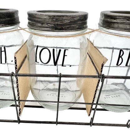 Rae Dunn Home Essentials 3 Glass Jars in Wire Basket Set CHERISH LOVE BLESSED