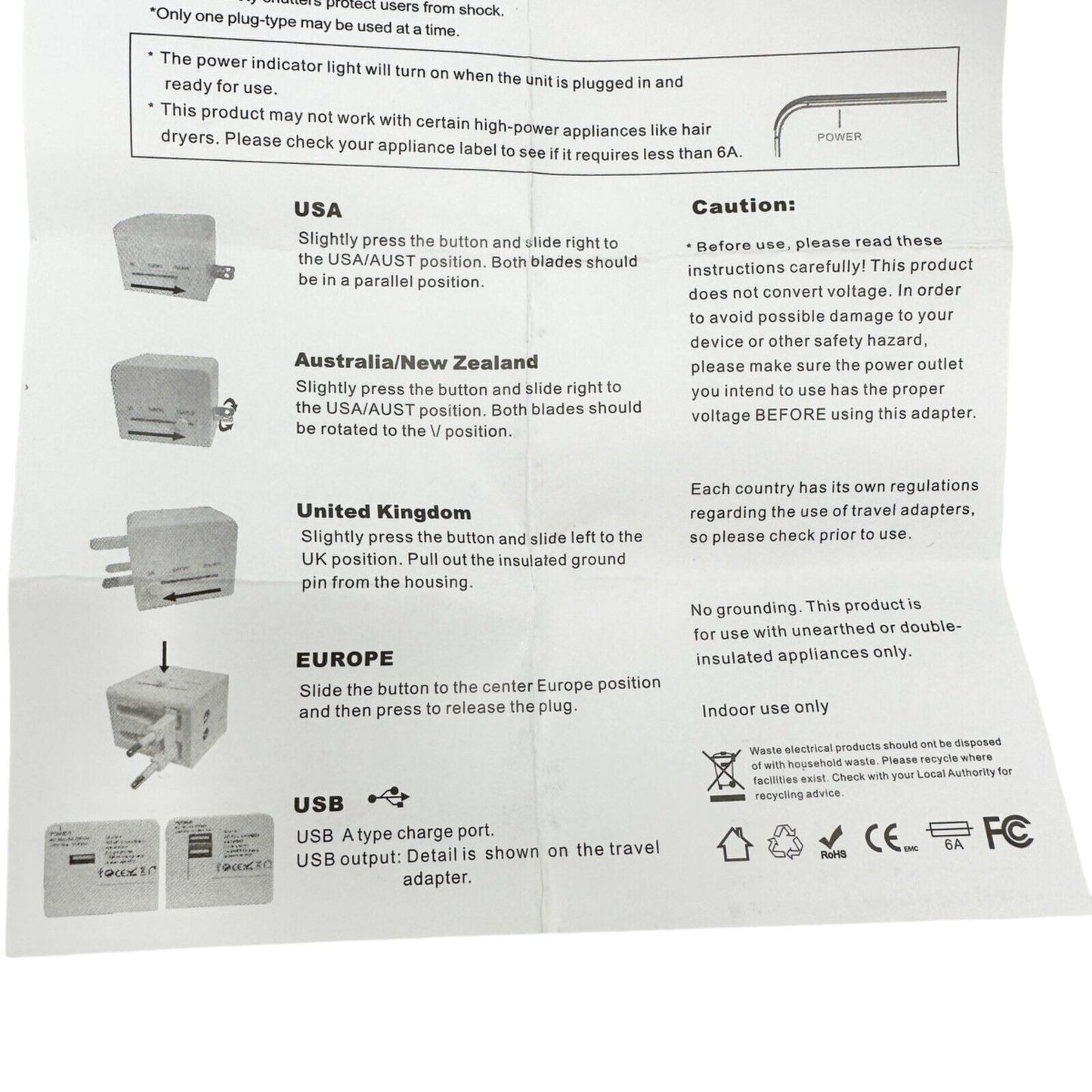 Multi-Nation Travel Adapter with USB Charger Black NEW UK Europe USA Australia