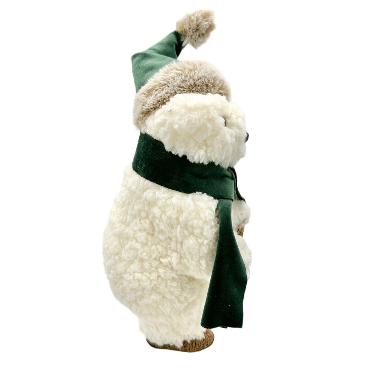 Winter Bear Stands Up Figurine Off-White Fleece with Green Velvet Scarf and Hat