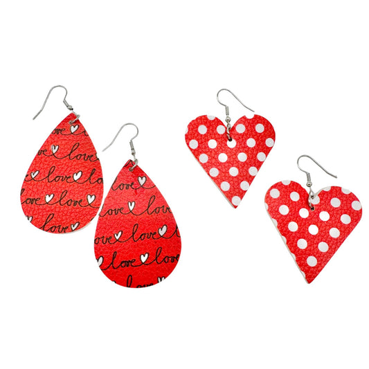 Two Pairs of Valentines Earrings 1 Heart 1 Teardop Red White Faux Leather NEW