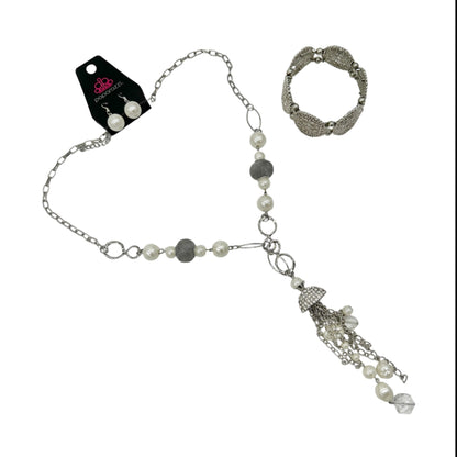 Paparazzi Silver & Pearl Jewelry Set With Necklace Earrings & Bracelet
