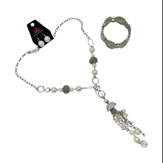 Paparazzi Silver & Pearl Jewelry Set With Necklace Earrings & Bracelet