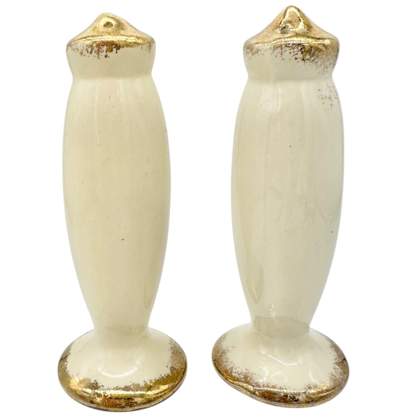 Vintage Ceramic Salt and Pepper Shakers White Gold Accents God Bless Salt Earth