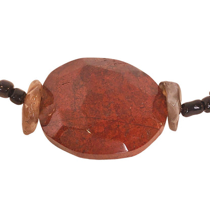 Handcrafted Beaded Necklace Brick Red & Gray Glass Stones Black Beads NEW