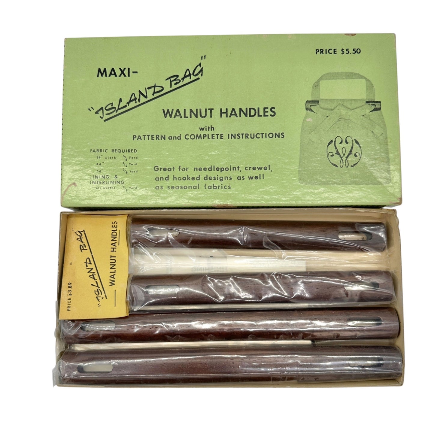 Vtg Maxi Island Bag Walnut Handles X2 With Pattern and Instructions Original Box
