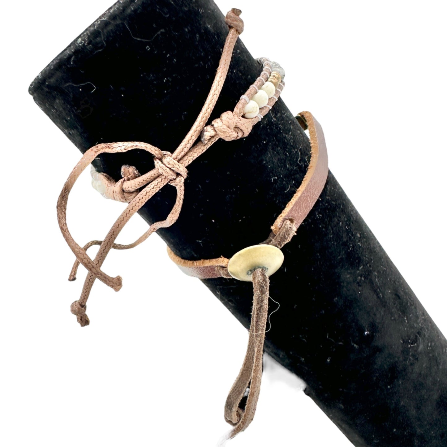 2 Bracelets Everything is Possible Leather Brown Rope Beaded Adjustable Strings