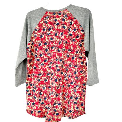 LuLaRoe Randy Top Womens L Raglan Sleeve Floral Red Blue Gray Yellow