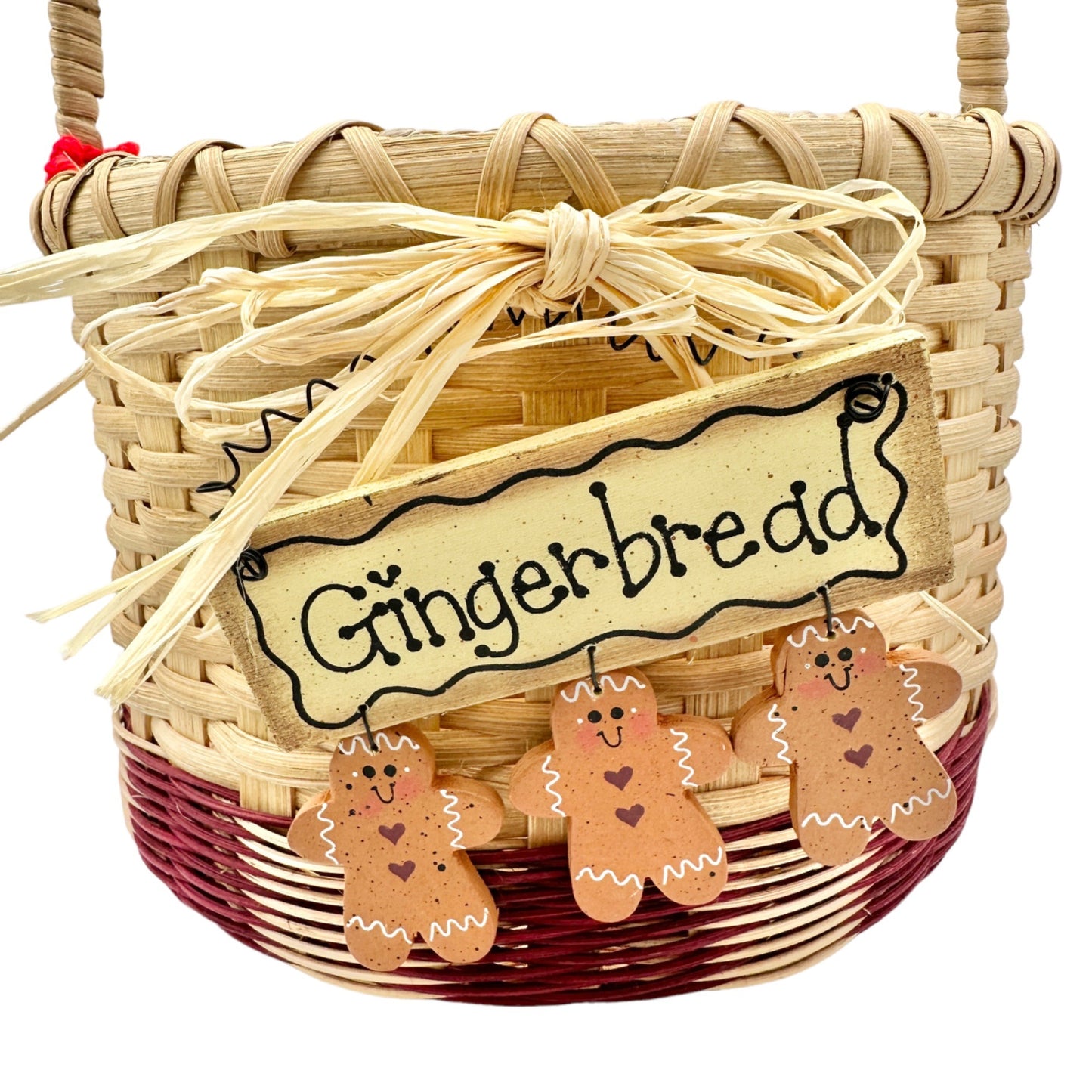 Handmade Basket Gingerbread Trio Round with Wrapped Handle Burgundy Accent