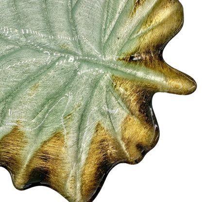 Leaf-Shaped Metal Trinket or Candy Dish Green and Gold 10 x 8 inches
