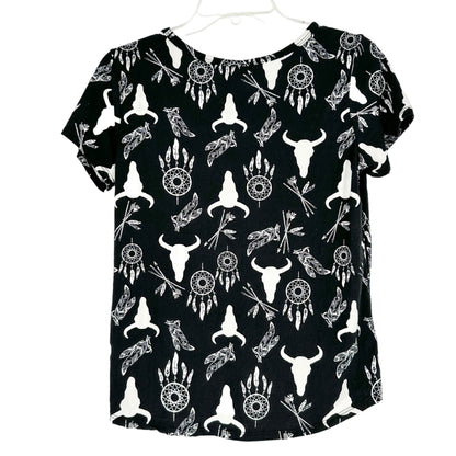 Free Kisses Top Womens S Black White Western Motif Keyhole Neck SS EUC