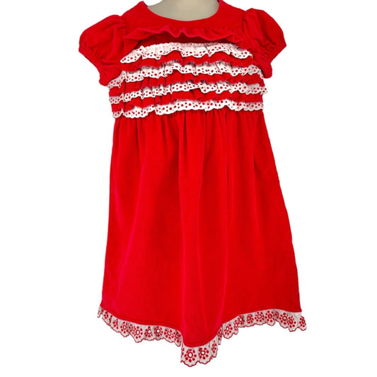 Hanna Andersson Girls 110 US 5 Dress Corduroy Red White Ruffled Cap Sleeves