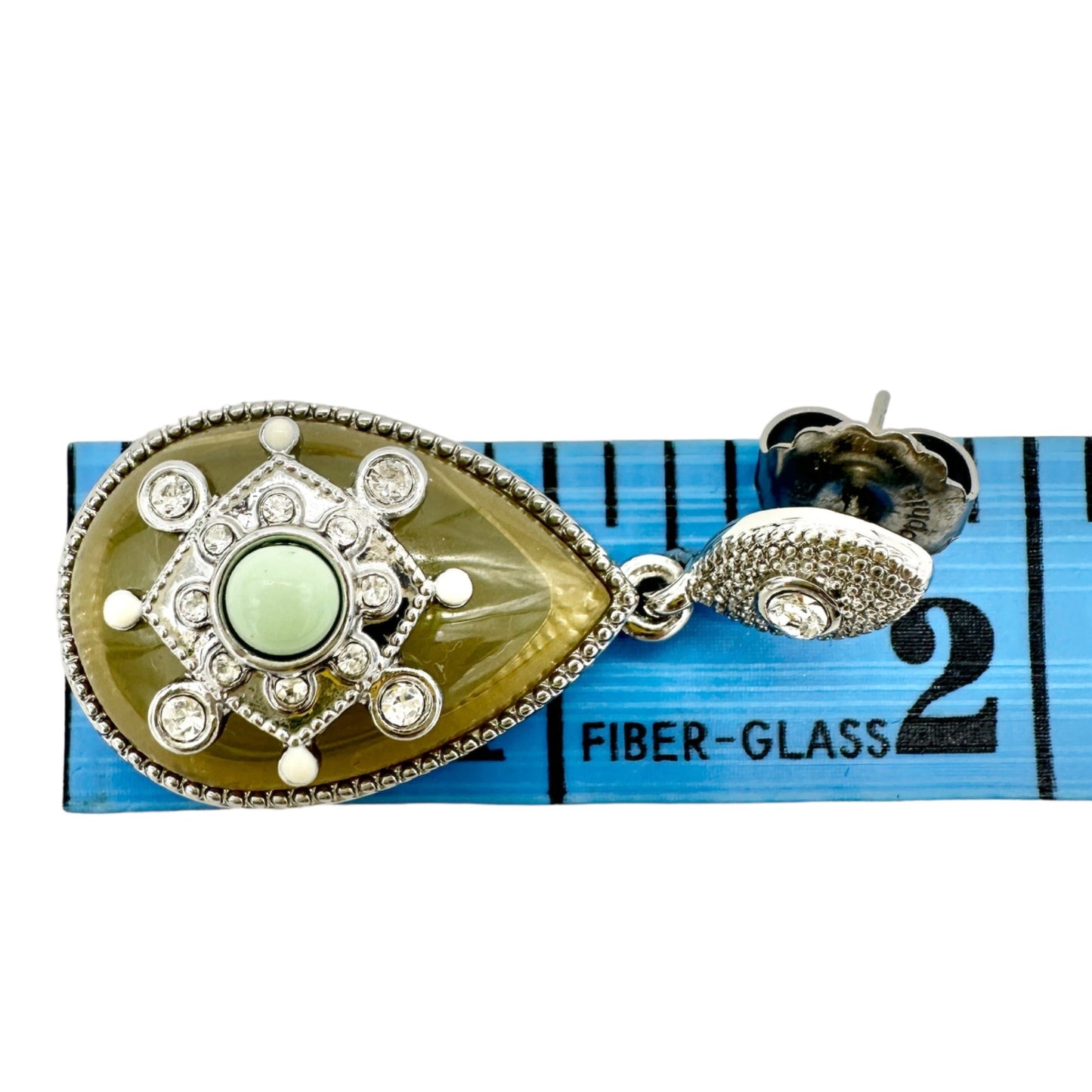 Lia Sophia Art Deco Dangle Earrings Silvertone Clear Gems Yellow Stone Green Bead