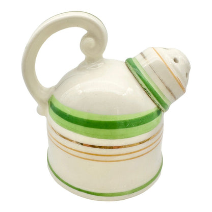 Vintage 3pc Salt & Pepper Shakers & Tray White Ceramic Green & Gold Lines Japan
