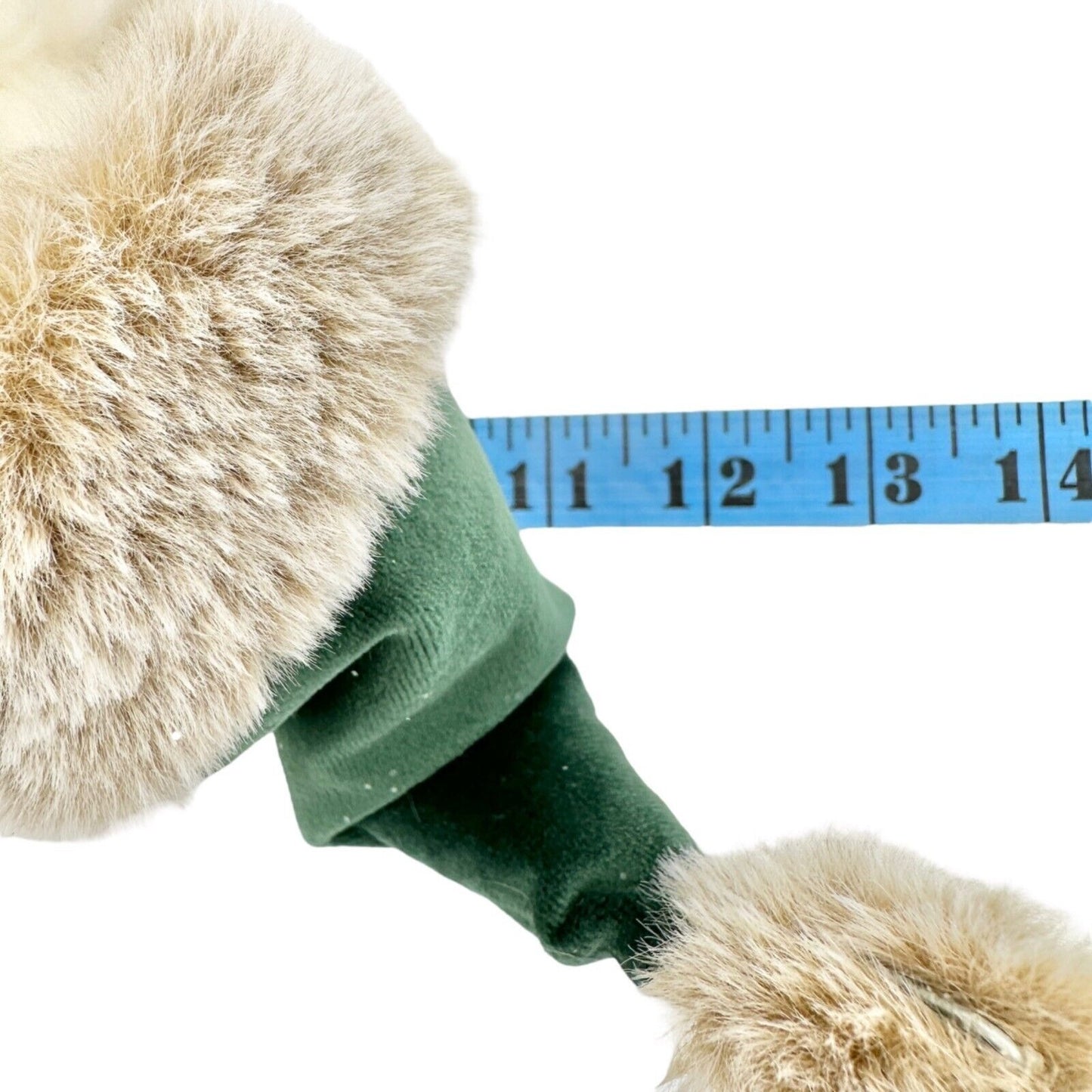 Winter Bear Stands Up Figurine Off-White Fleece with Green Velvet Scarf and Hat