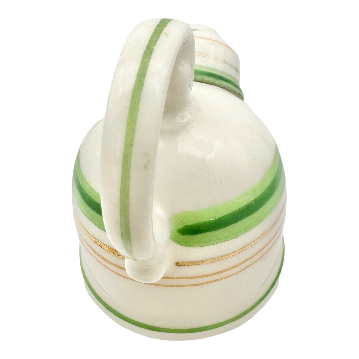 Vintage 3pc Salt & Pepper Shakers & Tray White Ceramic Green & Gold Lines Japan