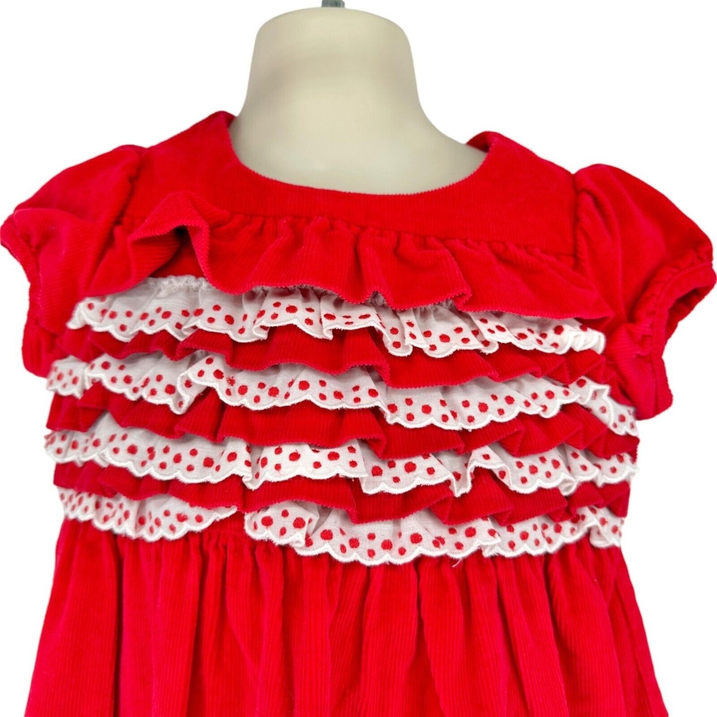 Hanna Andersson Girls 100 US 4 Dress Corduroy Red White Ruffled Cap Sleeves