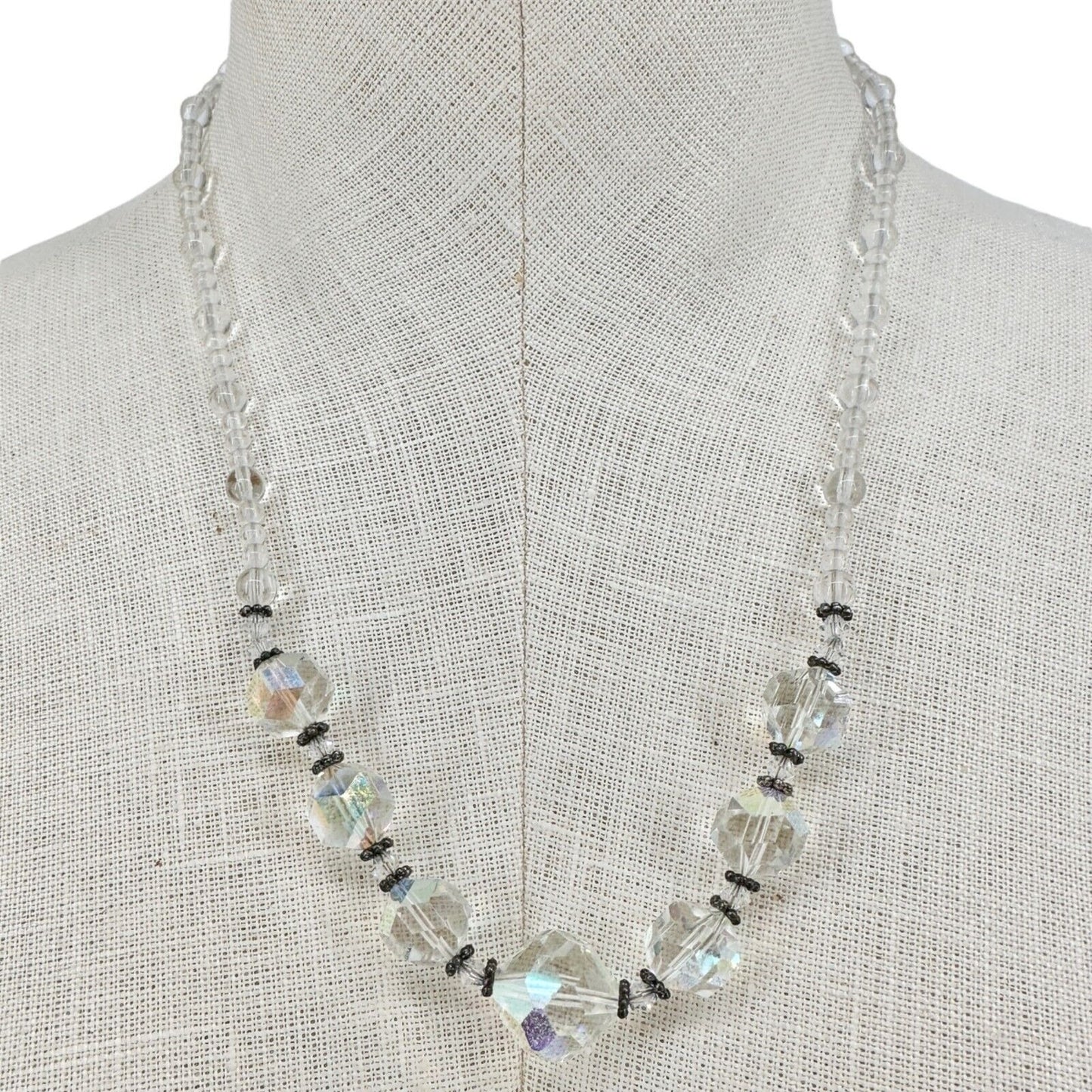Handmade Necklace Clear Beads and Silvertone Accent Pieces 20" Long