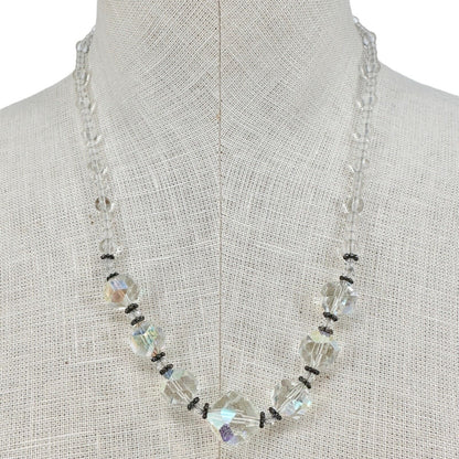 Handmade Necklace Clear Beads and Silvertone Accent Pieces 20" Long