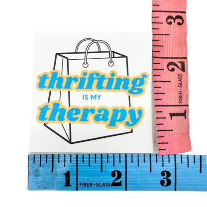 Thrifting Is My Therapy Sticker 2.5-Inch Square White Blue Yellow