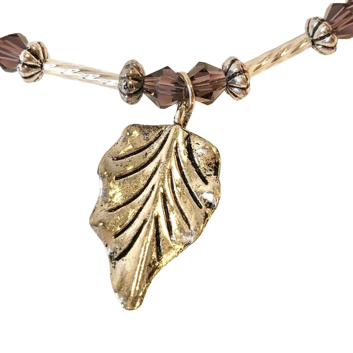 Handcrafted Beaded Necklace Silver Leaf Pendant & Purple Beads Chain Jewelry NEW