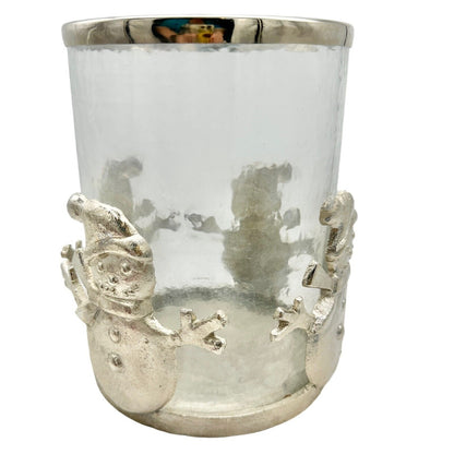 Large Snowman Pillar Candle Holder Pewter and Glass 8 x 6 in Holds 3x3 Candle