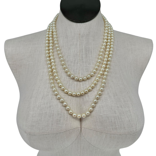 Vintage Triple-Strand Faux Pearl Necklace With Gold-Tone Rhinestone Clasp