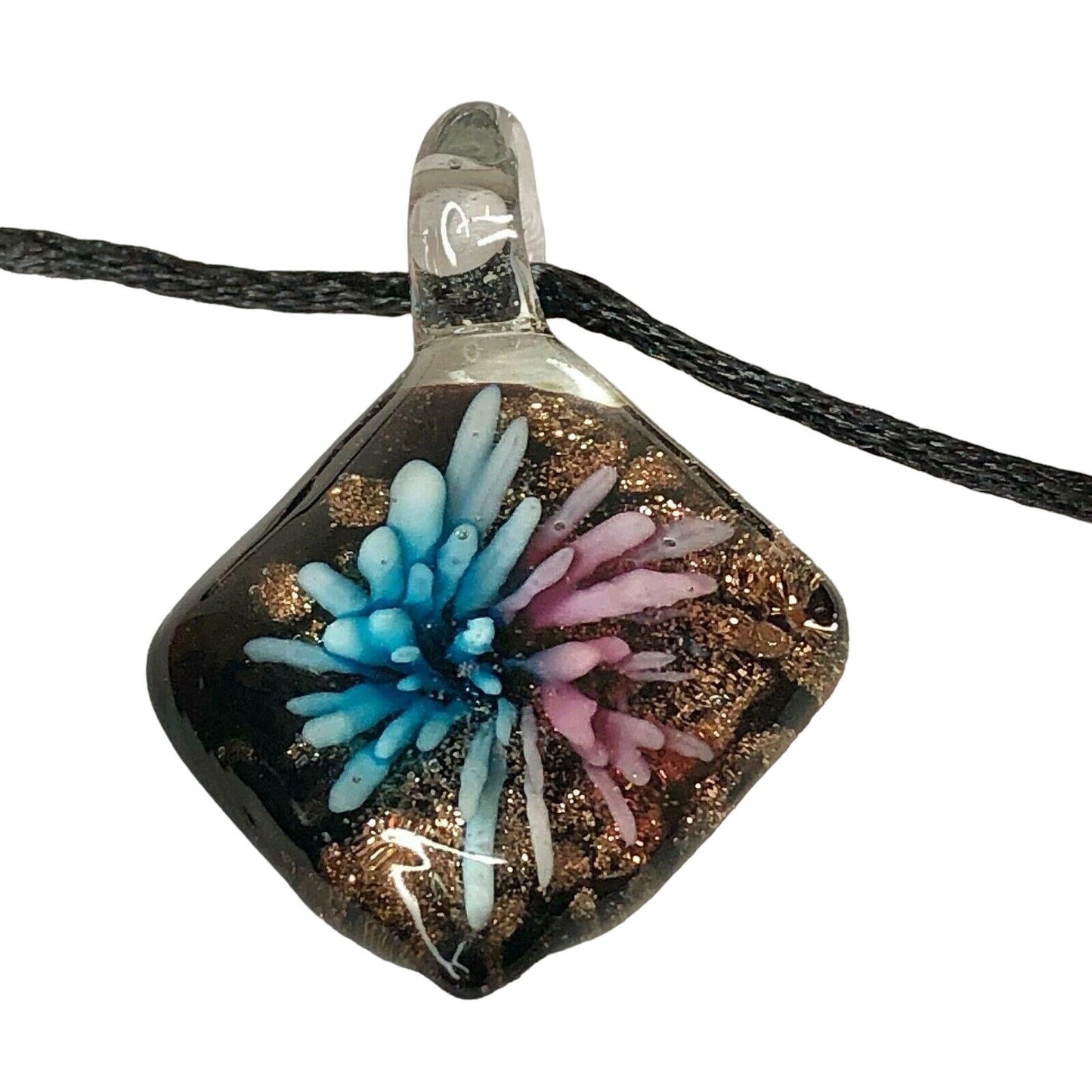 Handcrafted Necklace Floral Glass Pendant on Rope Burst of Color NEW
